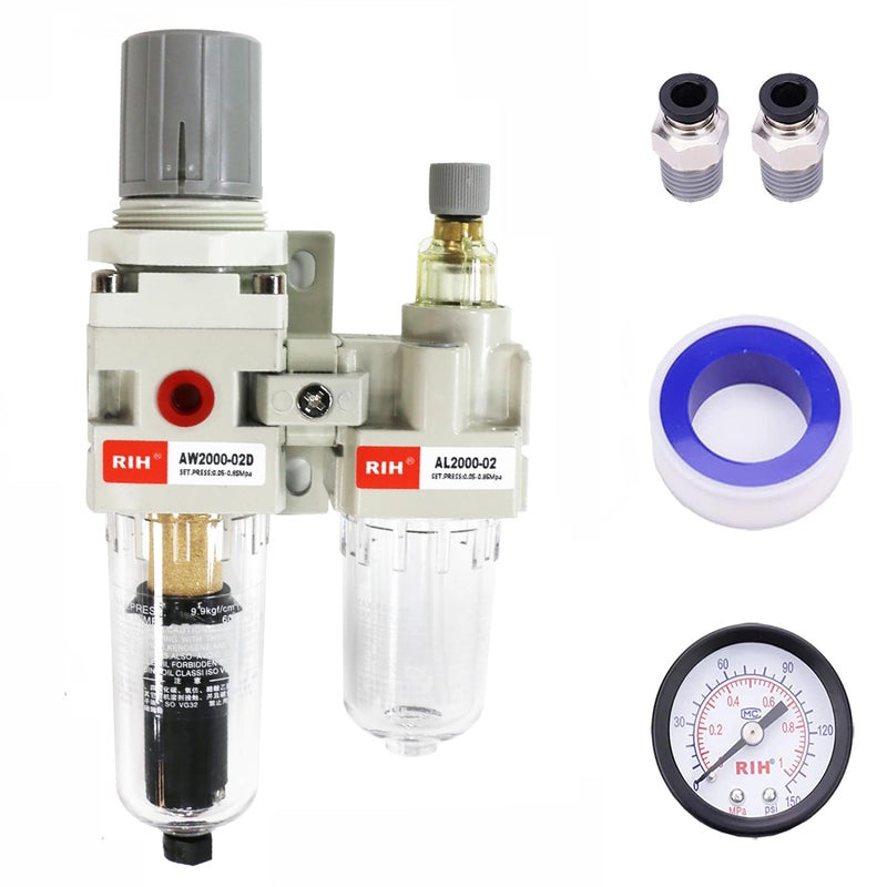 RIH Store Pneumatics Compressed Air Filter Regulator Lubricator Combo Water/Oil Trap Separator - Gauge(0-150 psi), Semi-Auto Drain, Poly Bowl,Bracket - 3 in 1 Two Unit (1/4“ NPT Auto Drain) - Image 1